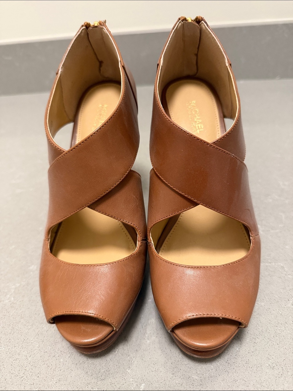 Michael Kors Tan Leather Crisscross Peep-Toe Stiletto Sandals